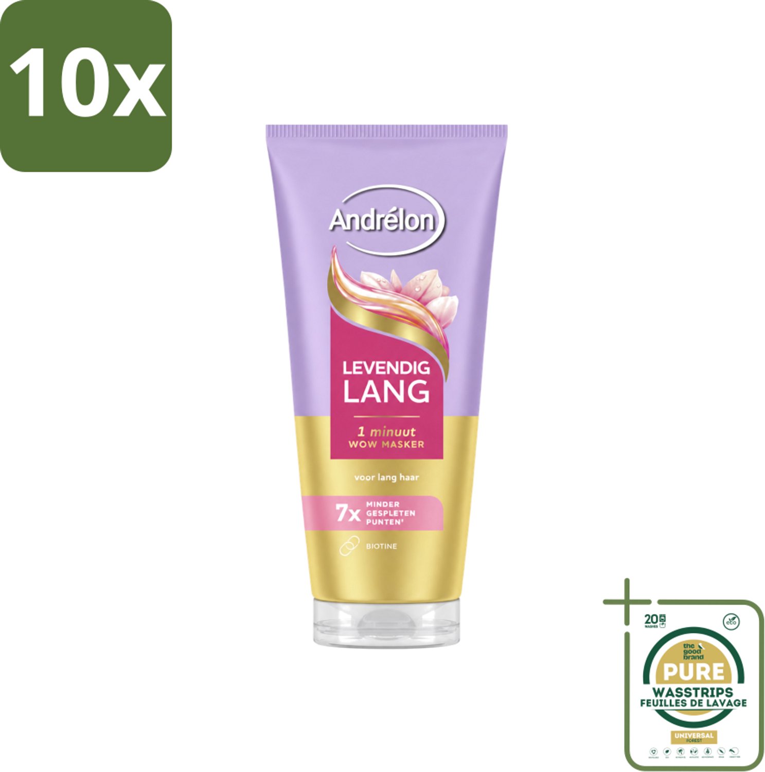 10 x Andrélon – Haarmasker WOW – Levendig Lang – 180 ml - Wasstrips - Haarversterking - Haarverzorging - Haarbreuk - Gespleten Punten - Biotine