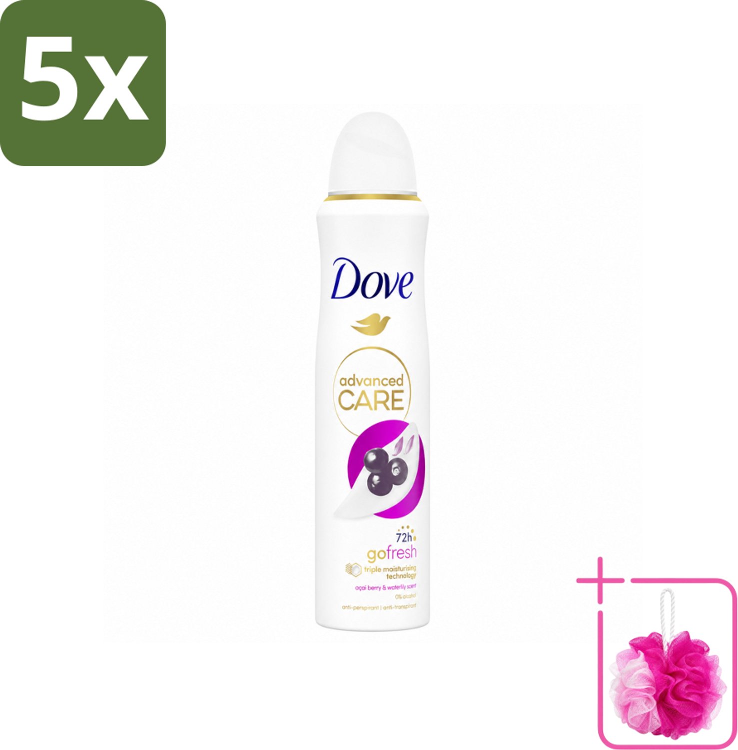 5 x Dove – Deodorant Spray – Acai Berry & Waterlily – 150 ml - Bulkverpakking - Anti-transpirant - Douchemop - Deodorant spray