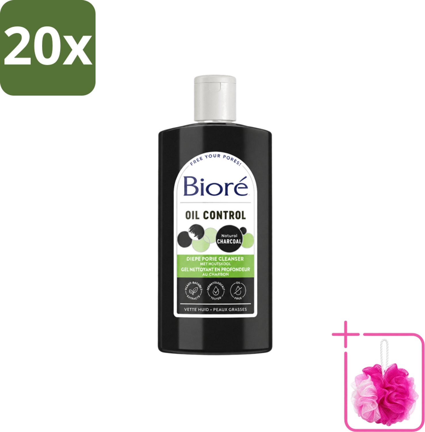 20 x Bioré – Houtskool Reinigingsgel – Gezichtsreiniger – 200 ml - Bulkverpakking - Gezichtsreiniger - Douchemop - Houtskool