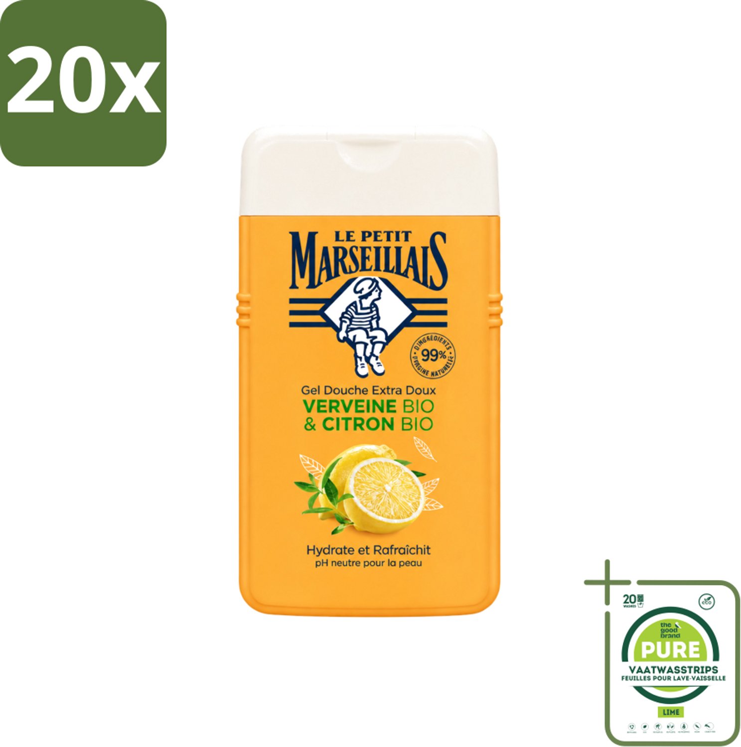 20 x Le Petit Marseillais - Douchegel - Citroen & Verbena - Hydraterend - 250ml - Grootverpakking - Vaatwasstrips - Douchegel Citroen Verbena - Hydraterende Douchegel - Citroen En Verbena - Biologische Douchegel - Neutrale PH Douchegel