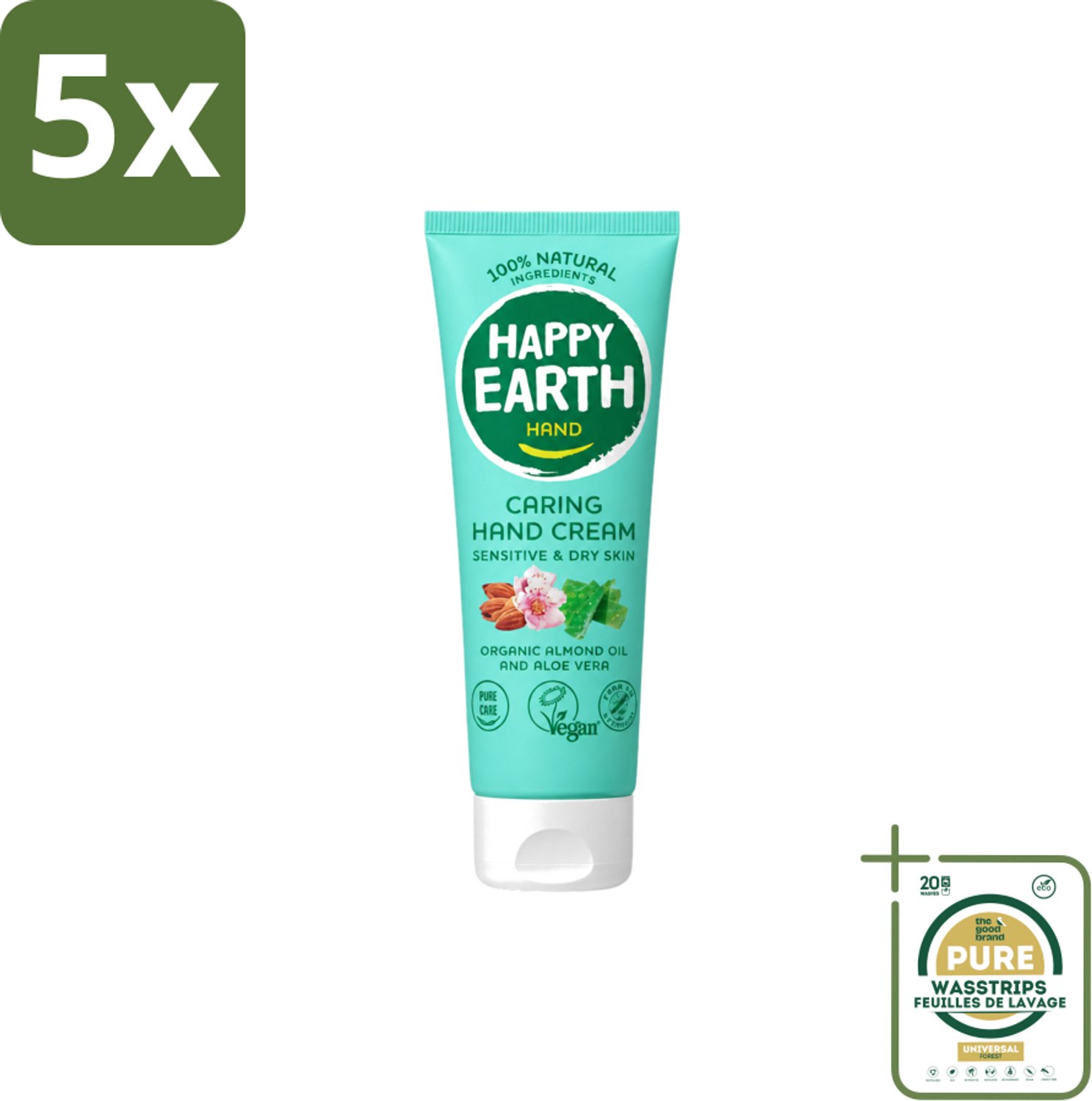 5 x Happy Earth – Handcrème – 100% Natuurlijk – 75 ml - Wasstrips - Natuurlijke Handcrème - Vegan Handcrème - Handcrème Voor Gevoelige Huid - Handcrème Met Amandel En Perzik - Handcrème Zonder Chemicaliën