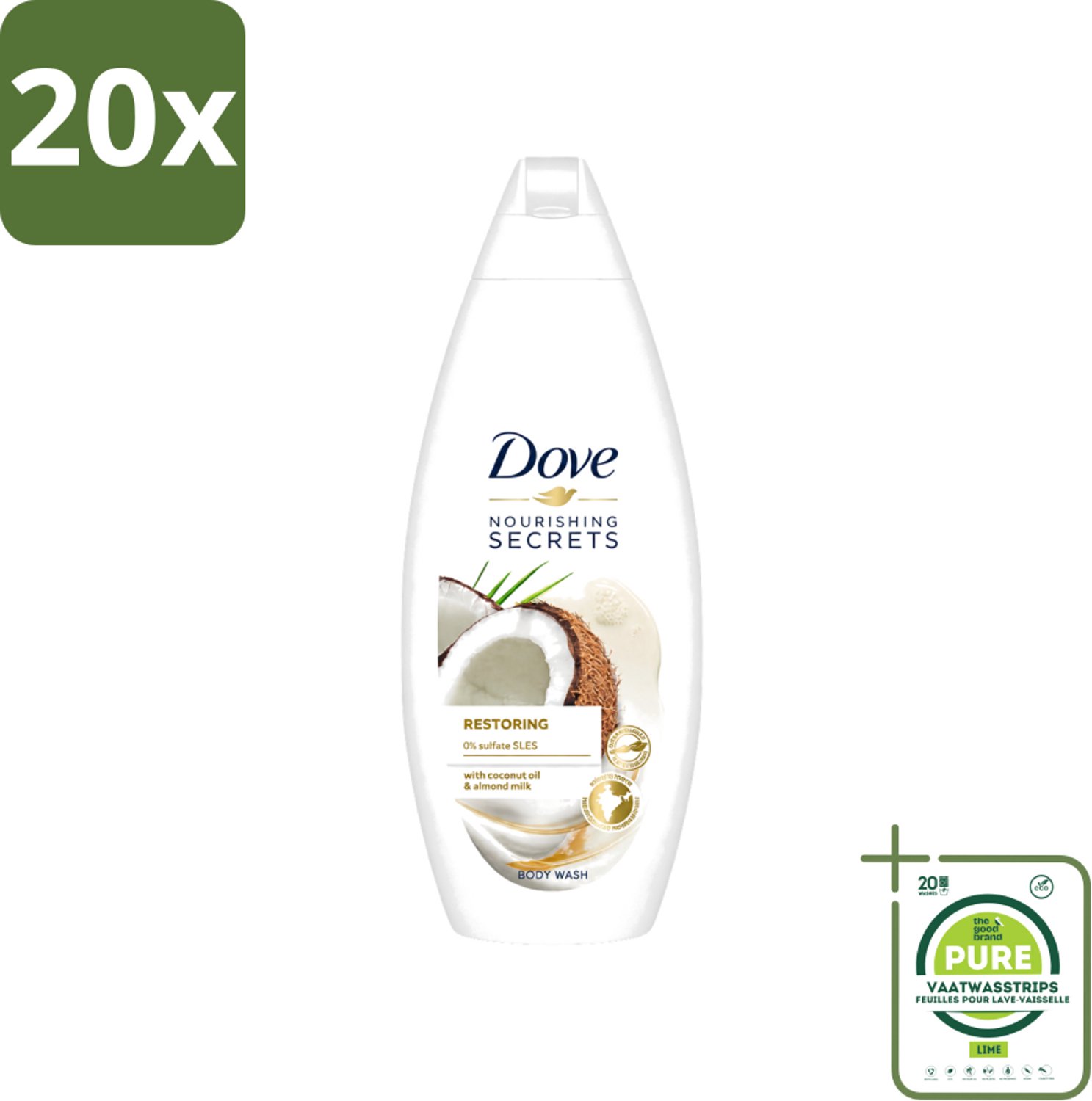 20 x Dove Nourishing Secrets - Douchegel - Kokosolie & Amandel melk - Sulfaatvrij - 250 ml - Grootverpakking - Vaatwasstrips - Douchegel - Kokosolie - Amandelmelk - Natuurlijke Verzorging - Sulfaatvrije Douchegel