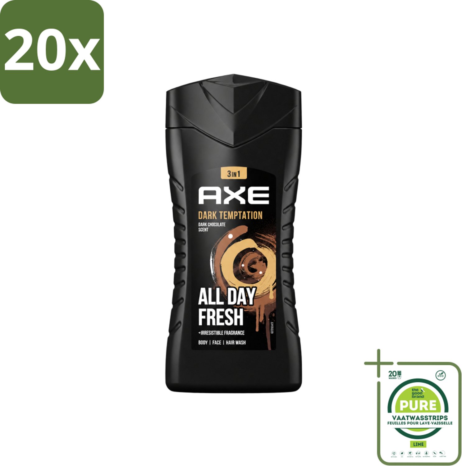 20 x Axe - 3-in-1 Douchegel - Dark Temptation - Dark Chocolate - 12hrs Long Lasting Scent - 250 ml - Grootverpakking - Vaatwasstrips - Douchegel - Geur - Lichaam - Gezicht - Haar
