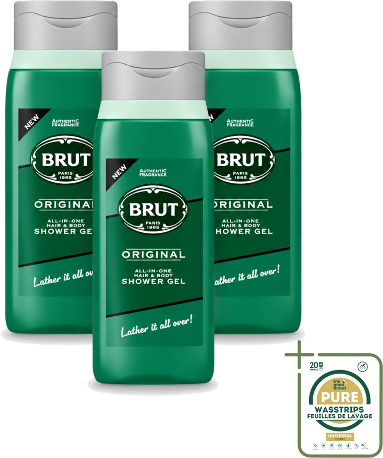 3 x Brut - Douchemiddel - All in One Haar en Body - Original - Verzorgend & Verfrissend - 500ml - Wasstrips - Douchegel Haar En Lichaam - All In One Douchegel - Brut Original - Verzorgende Douchegel - Frisse Douchegel