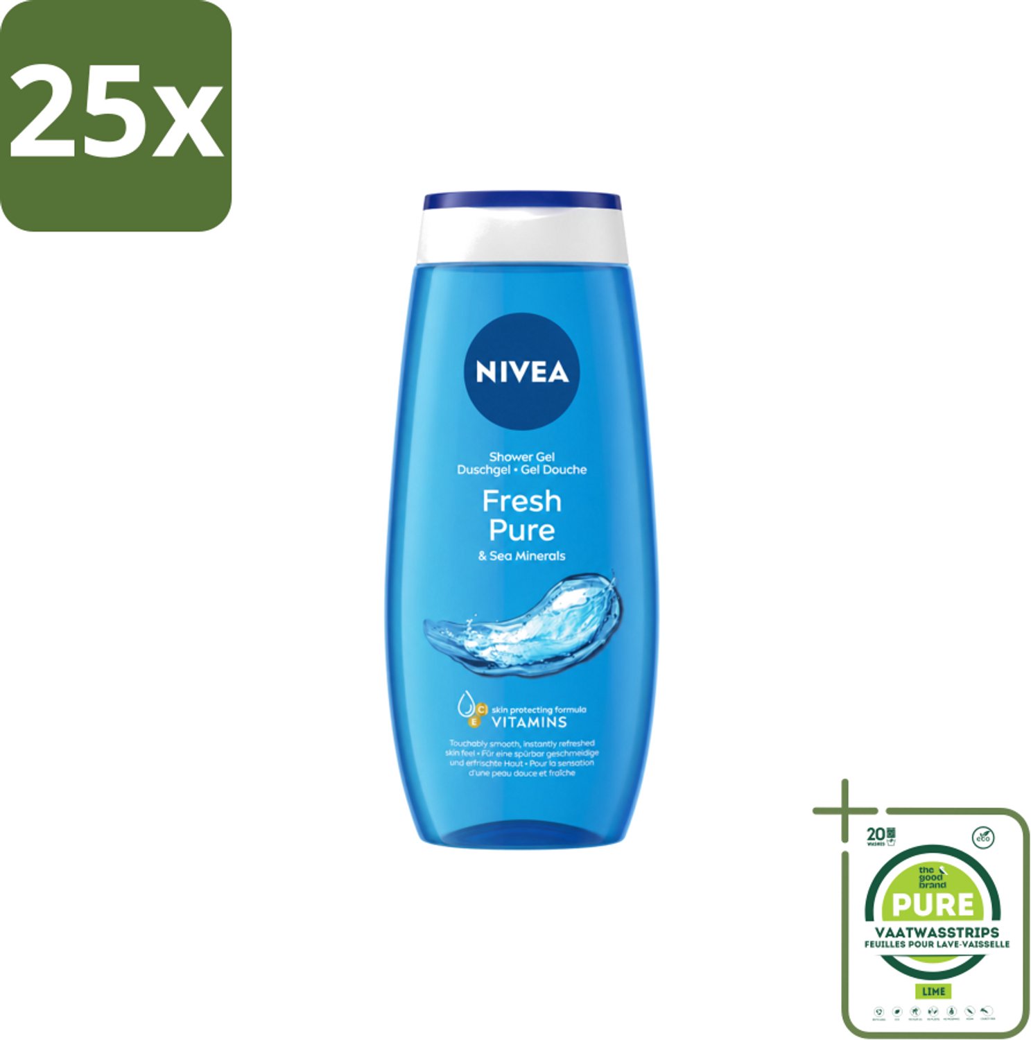 25 x Nivea – Douchegel – Fresh Pure – 250 ml - Grootverpakking - Vaatwasstrips - Douchegel - Huidverzorging - Frisheid - Vitamine C - Vitamine E