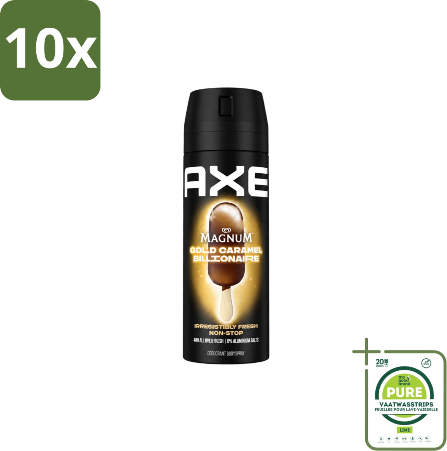 10 x Axe – Deodorant Bodyspray – Magnum Gold Caramel Billionaire – 150 ml - Grootverpakking - Vaatwasstrips - Deodorant - Bodyspray - Luxe Geur - Chocolade Geur - Karamel Geur