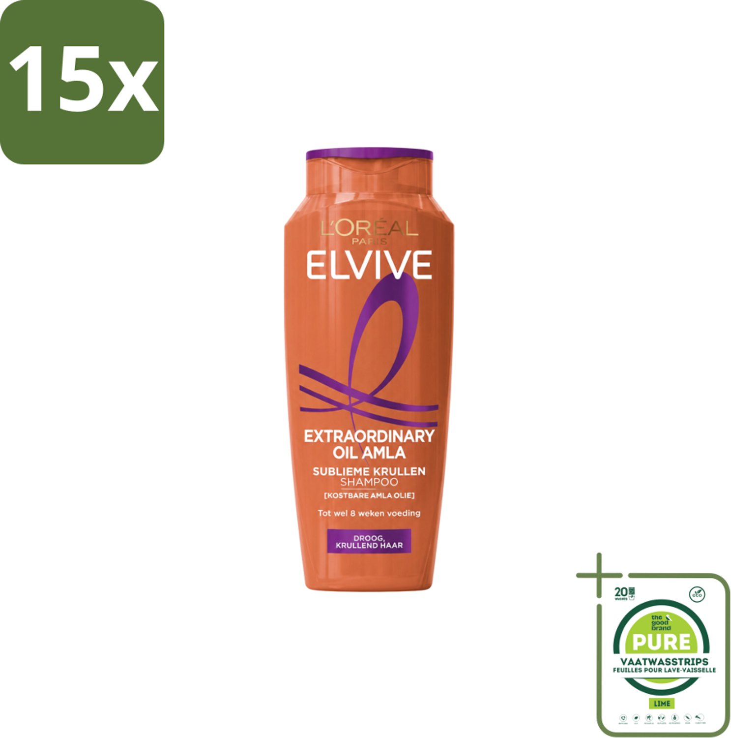 15 x L’Oréal Paris Elvive – Shampoo – Extraordinary Oil Amla – Droog & Krullend Haar – 250 ml - Grootverpakking - Vaatwasstrips - Krullen Conditioner - Droog Haar - Kruldefinitie - Amla-olie - Voeding Haar
