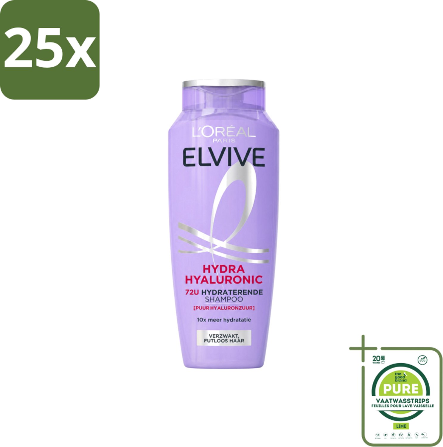 25 x L’Oréal Paris Elvive – Shampoo – Hydra Hyaluronic – Hydraterend – 250 ml - Grootverpakking - Vaatwasstrips - Hydra Hyaluronzuur Shampoo - Droog Haar - Hyaluronzuur - Vochtig Haar - Haar Hydrateren