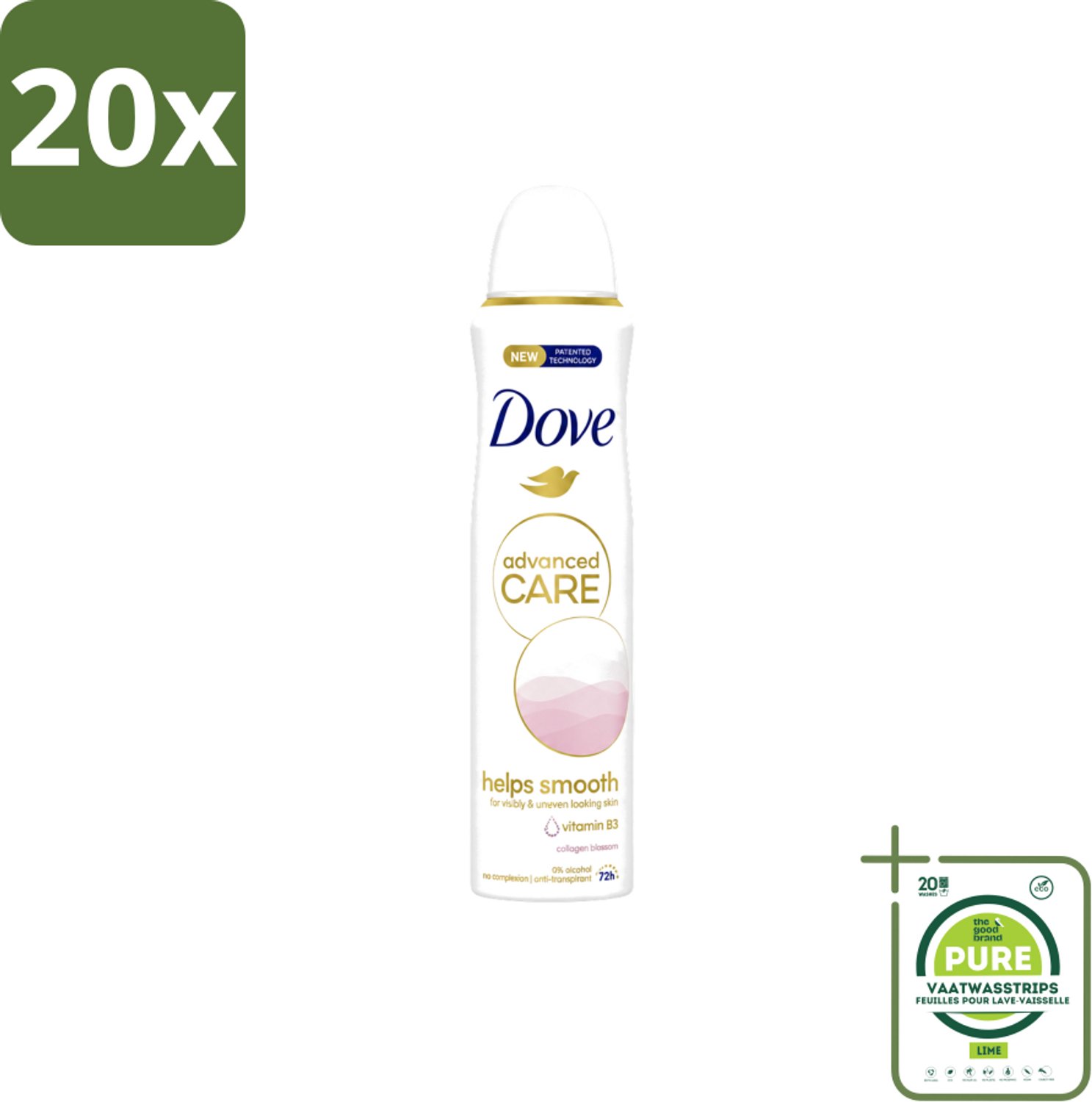 20 x Dove – Deodorant Spray – Helps Smooth Advanced Care – 150 ml - Grootverpakking - Vaatwasstrips - Deodorant Spray - Okselhuid Verzorging - Huidverzorging - Alcoholvrije Deodorant - Comfortabele Huid