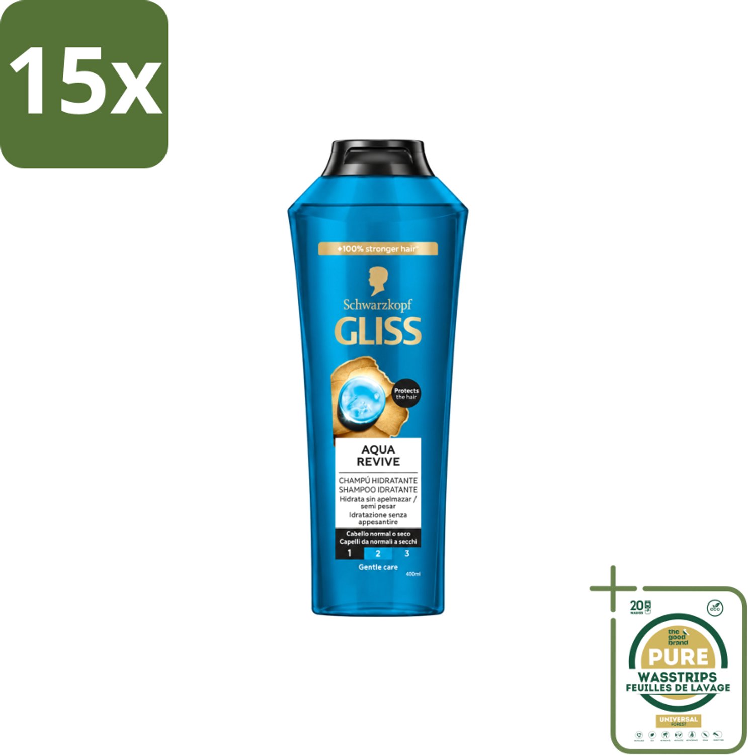 15 x Gliss-Kur - Shampoo - Aqua Revive - Verfrist & Hydrateert - 400 ml - Wasstrips - Shampoo - Haarverfrissend - Hydraat - Haarhydratie - Haarverzorging