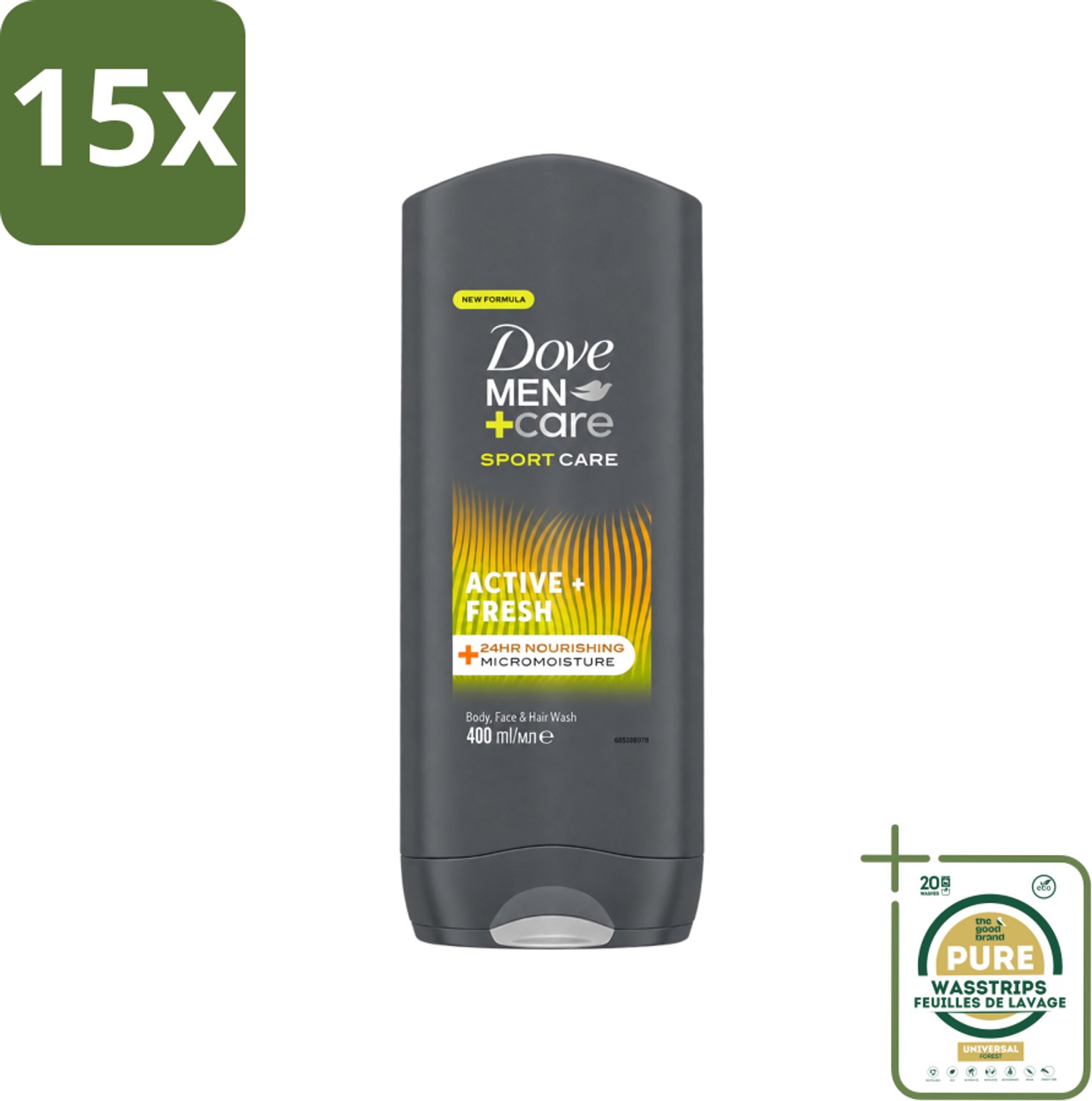 15 x Dove - Douchegel - Men+ Care Active Fresh - Verfrissend en langdurige bescherming - 400 ml - Wasstrips - Douchegel - Man - Fris - Energie - Actief