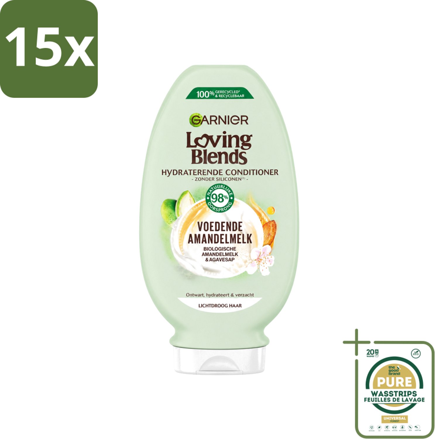 15 x Garnier - Loving Blends - Conditioner - Voedende Amandelmelk - Lichtdroog Haar - 250 ml - Wasstrips - Lichtdroog Haar - Voedende Conditioner - Amandelmelk - Hydraatatie - Verzorging