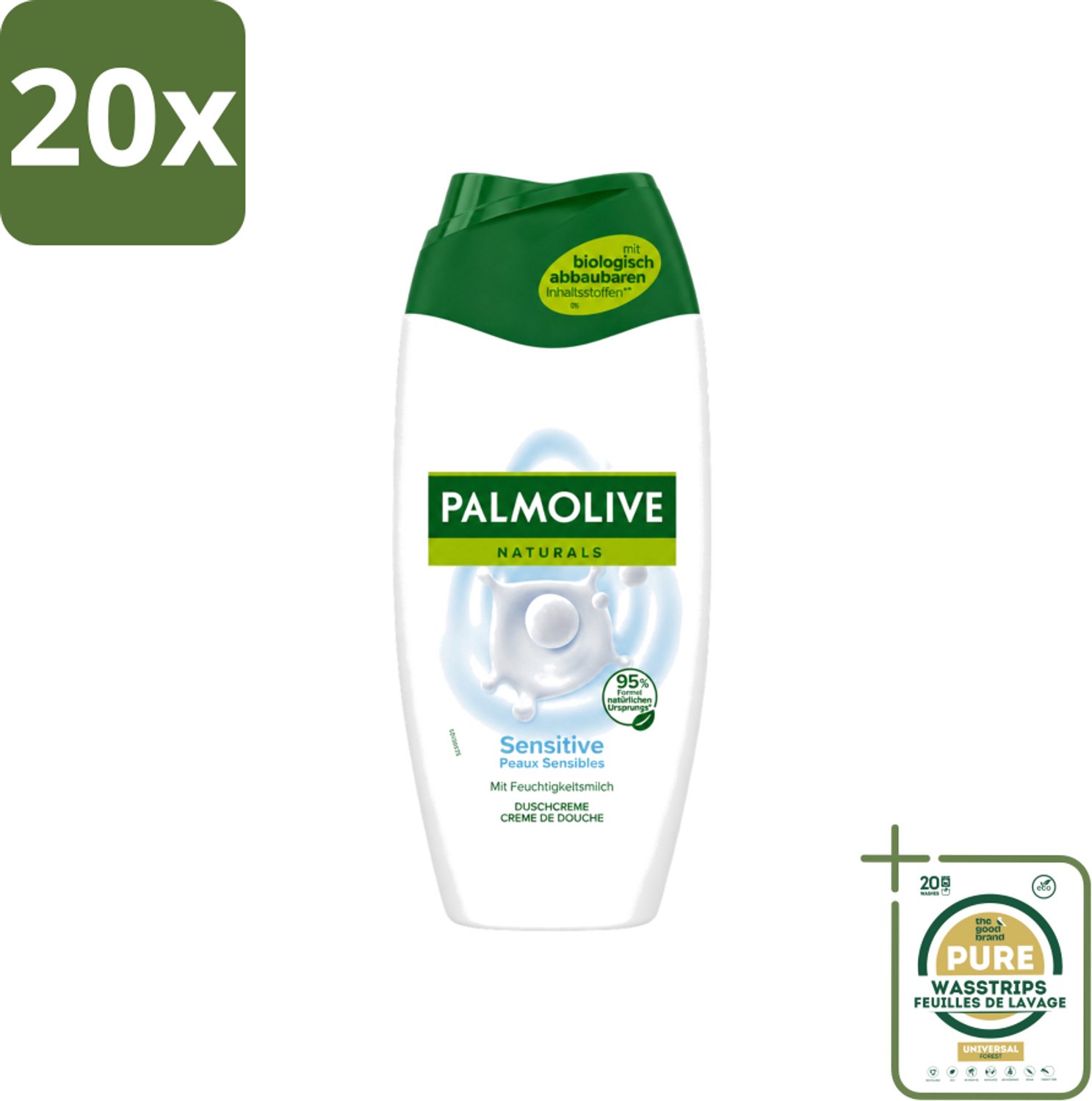 20 x Palmolive Naturals - Douchegel - Sensitive - Voor Gevoelige Huid - 250 ml - Wasstrips - Gevoelige Huid - Douchegel - Melkproteïnen - Zachte Douchegel - Natuurlijke Vochtbalans