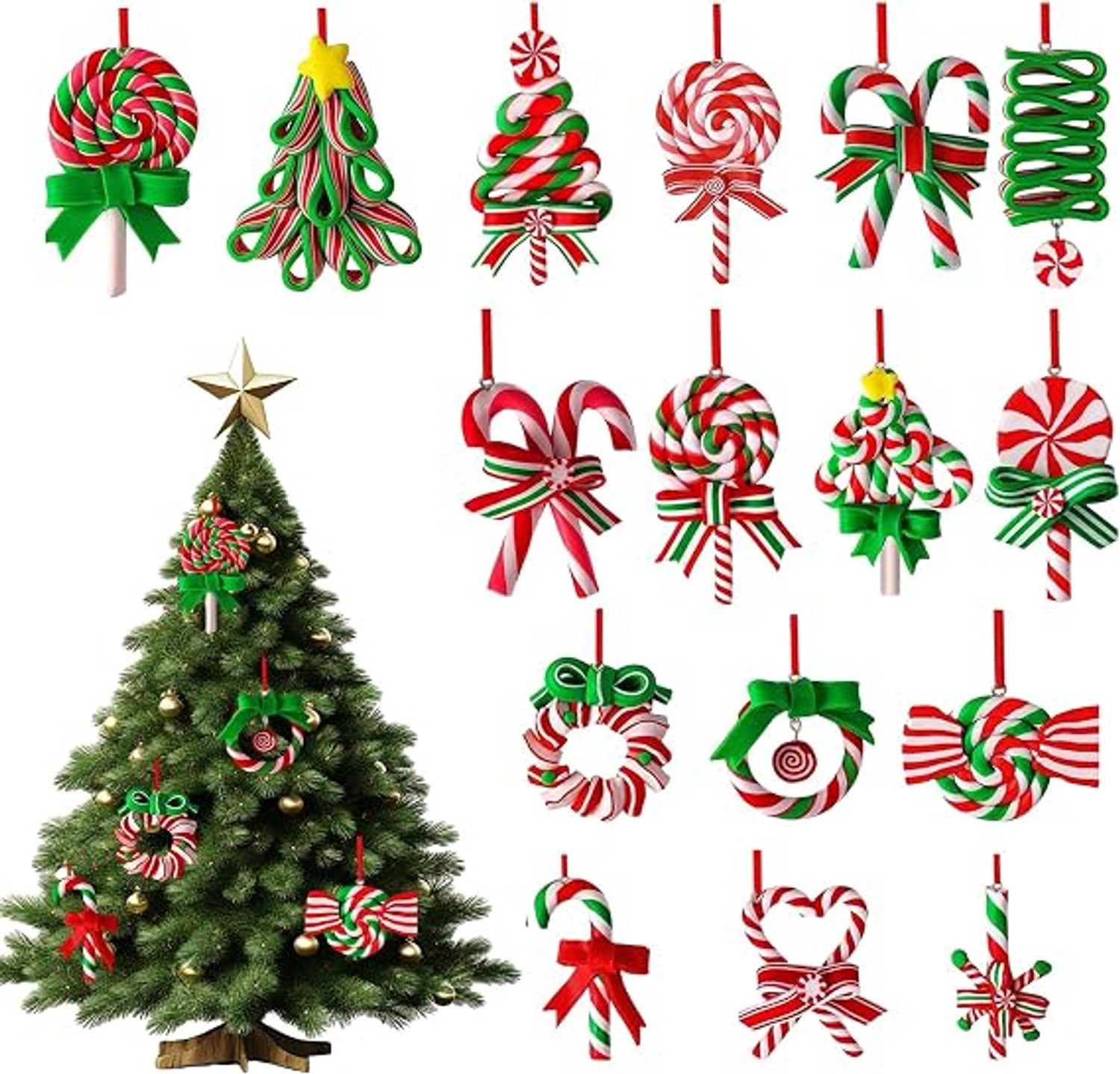 KZQ 16 houten kerstversieringen – Houten ornamenten in de vorm van lolly's en snoepjes, perfect voor het versieren van kerstbomen en ramen groen、rood、wit