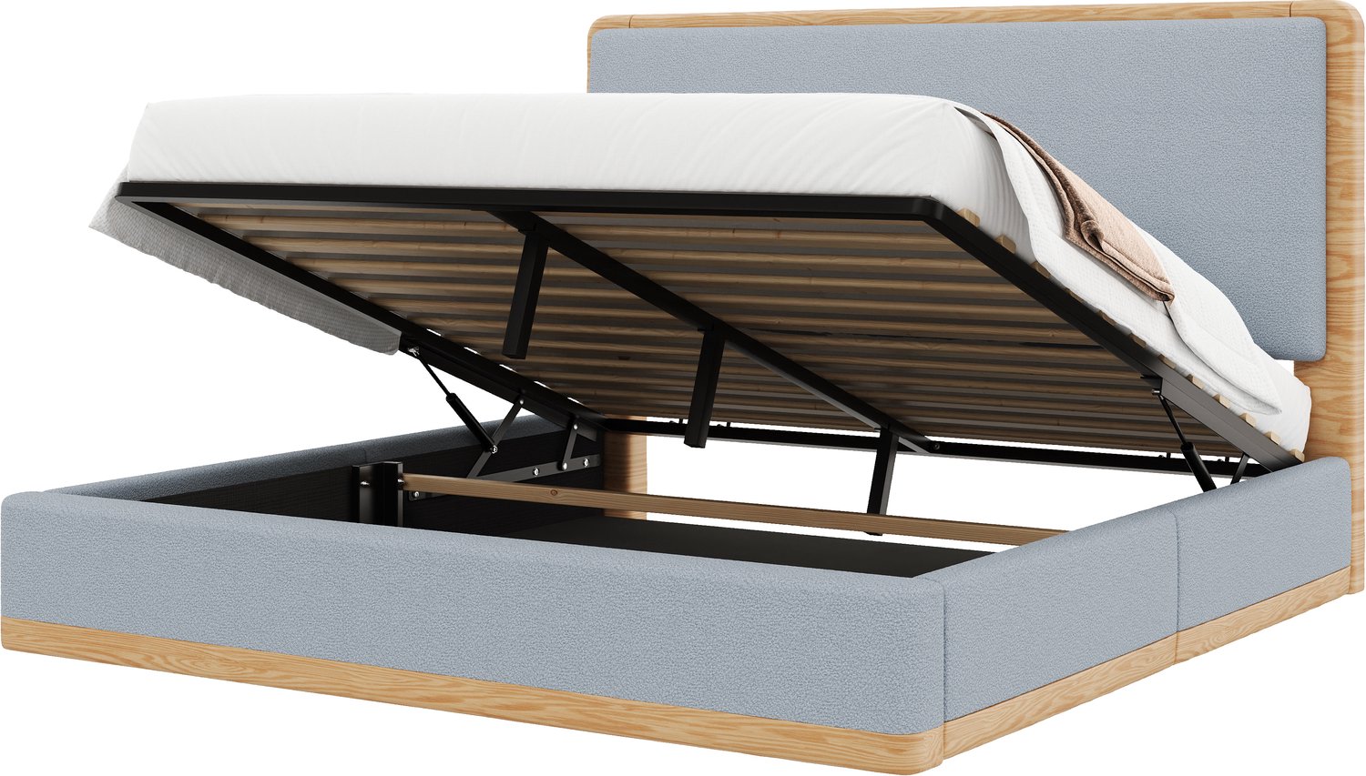 Merax Gestoffeerd hydraulisch bed met opbergruimte 140x200 cm - grijs/natuurhout