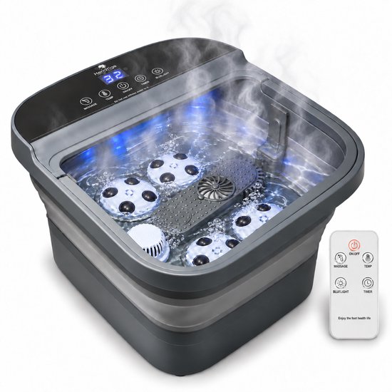 Opvouwbaar grijs voetenbad met 6 massagerollers, blauw licht, digitaal display en een draadloze afstandsbediening.