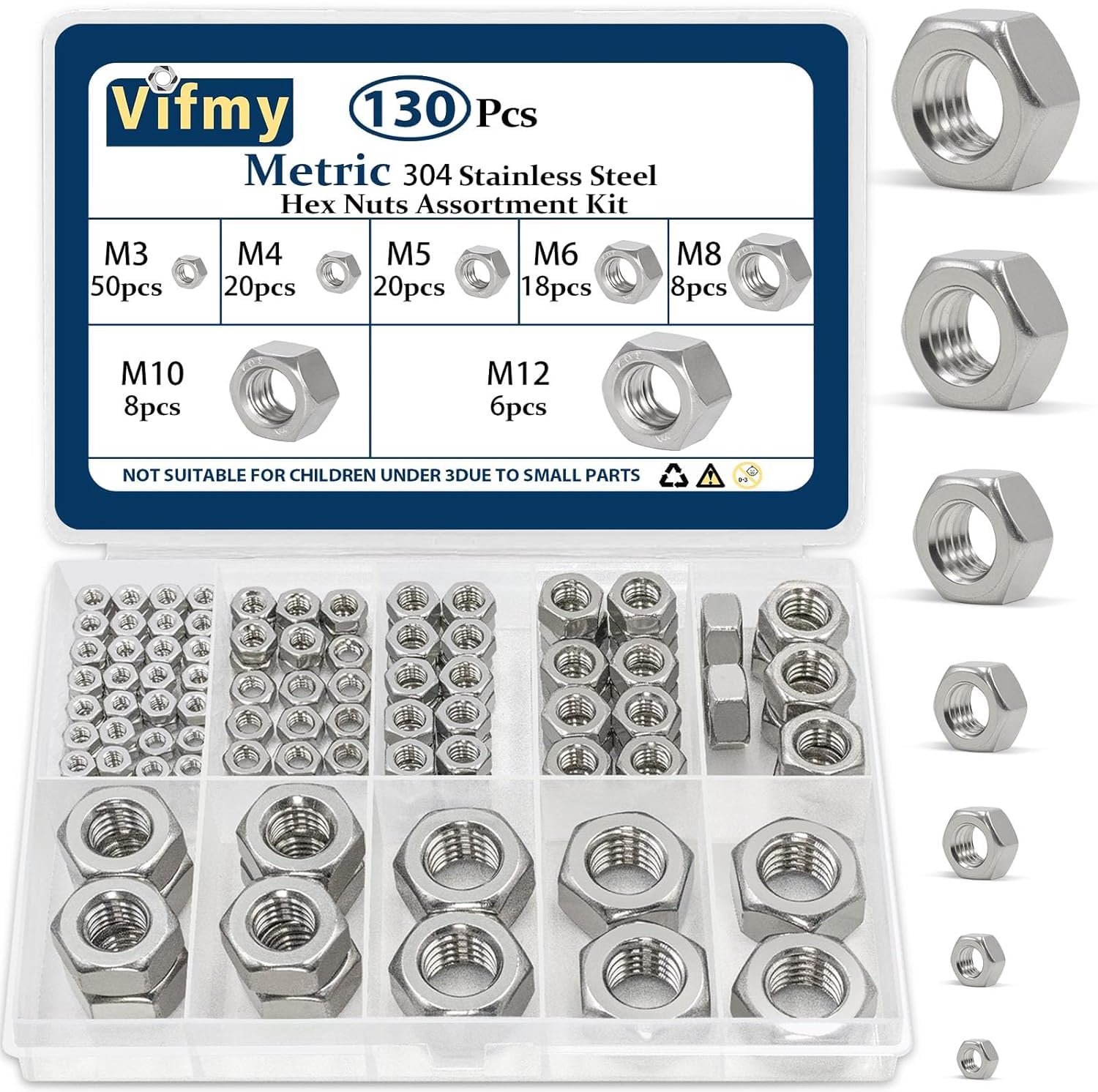Zeskantmoeren assortimentsset 130 stuks - M3 M4 M5 M6 M8 M10 M12 - 304 roestvrij staal - veelzijdig gebruik - m-winkel