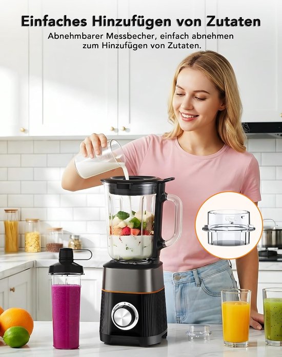 Blender - Zwart - 1,5 l - Glazen Kan met Reisbeker - Voor Sappen en Smoothies — afbeelding 2
