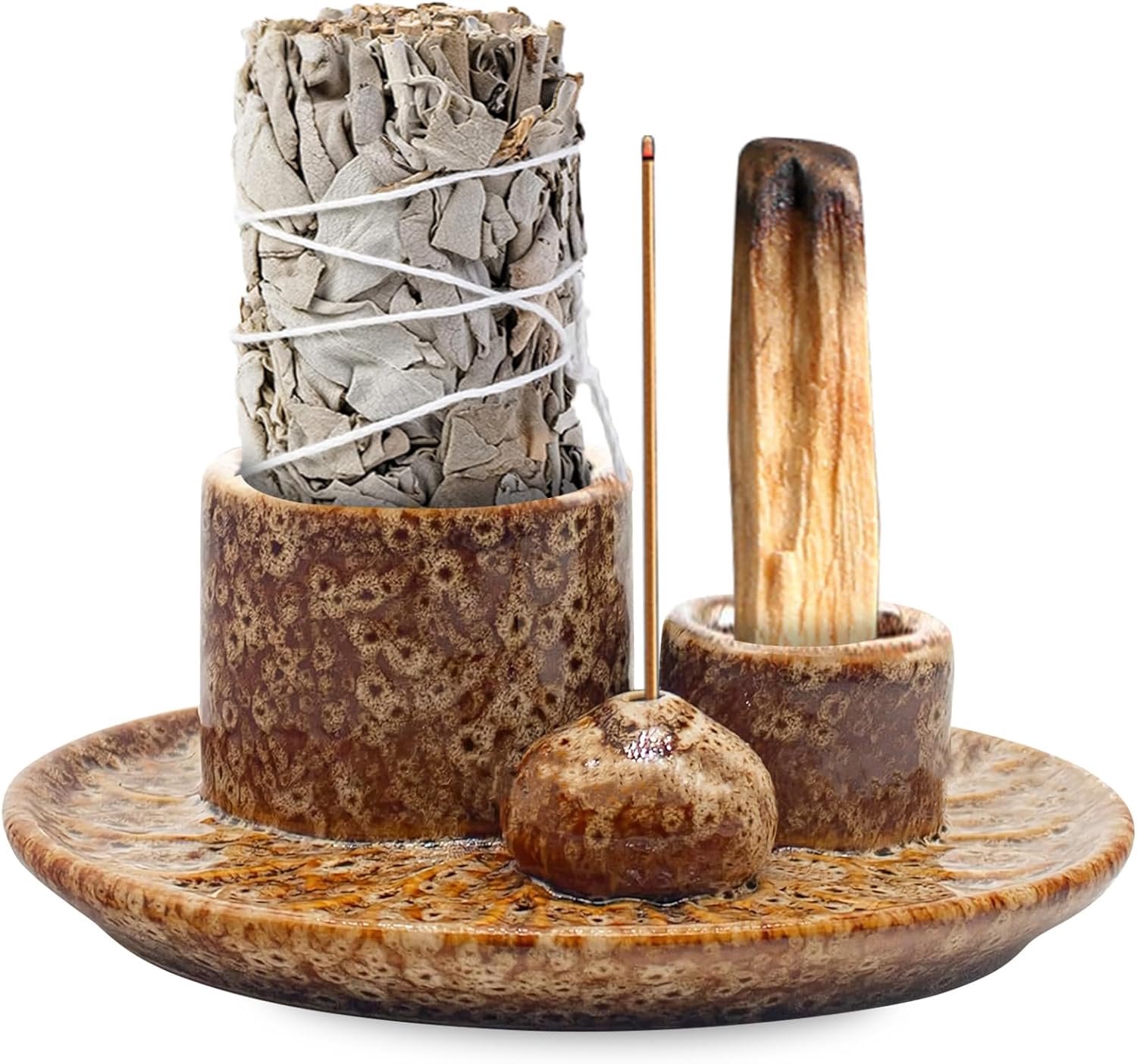 Wierookschaal 4-in-1 - keramisch - voor wierookstokjes, Palo Santo en salie - ideaal voor meditatie en yoga - Vemera