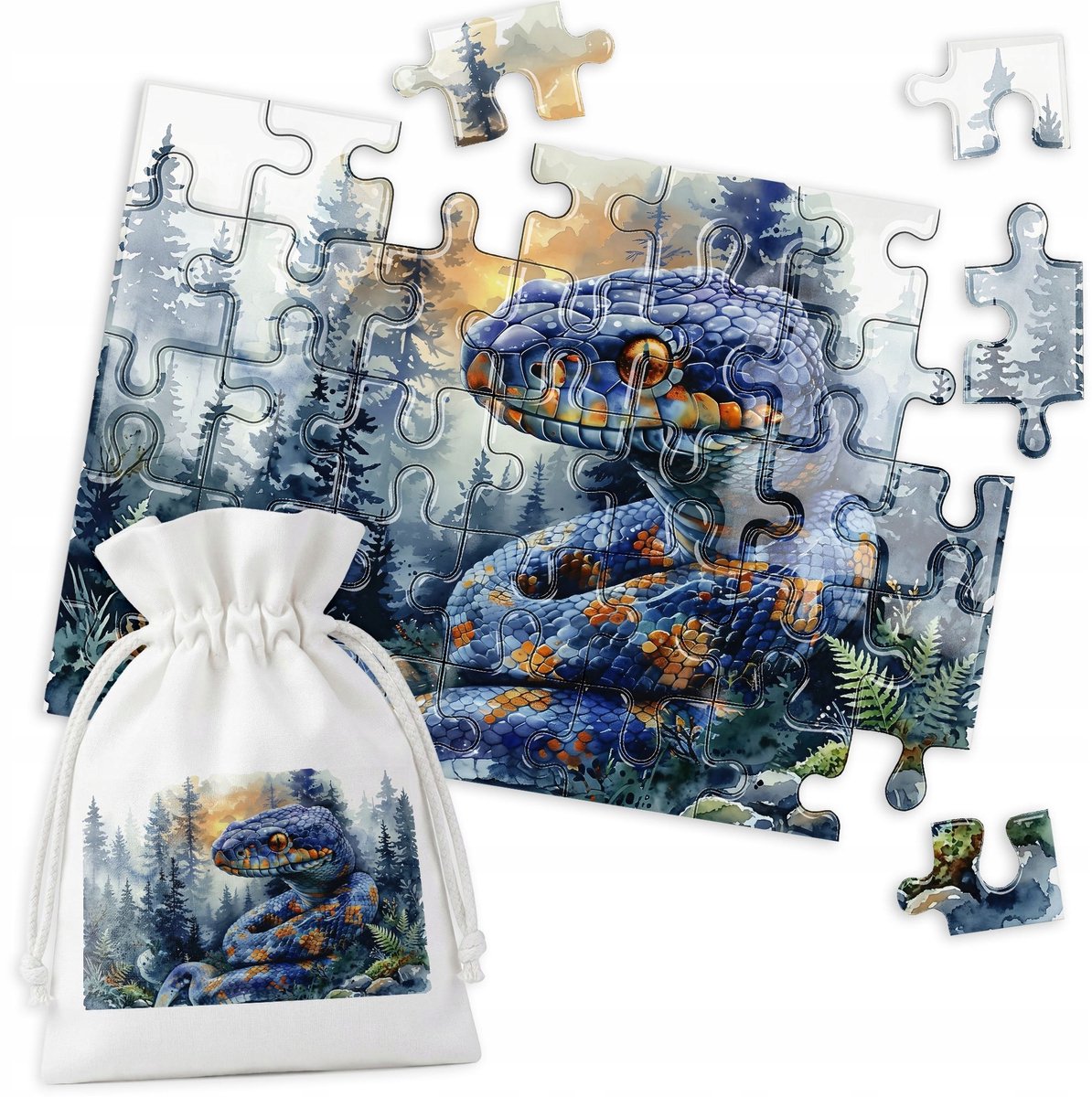 Merkloos Puzzel Blauwe Slang Bos Dieren Aquarel 35 Stukjes