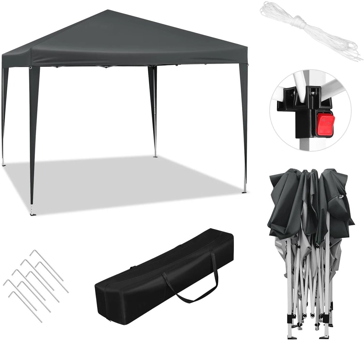 Klarven® Partytent Antraciet - Waterdicht met Zijwanden en Ritsdeur, UV-bestendig, Snelle Pop-up Opzet, Hoogte Verstelbaar op 3 Standen - B 3 x D 3 m, H 250-258 cm