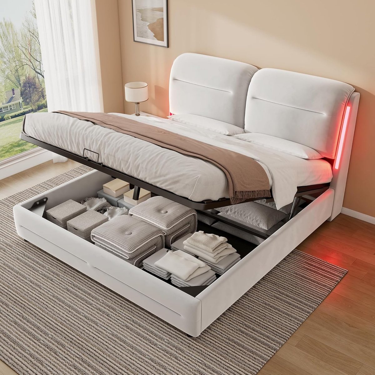 Bedframe 180x200 cm - Moderne ledikant met opbergruimte, hydraulisch systeem en LED-verlichting van Industrohome