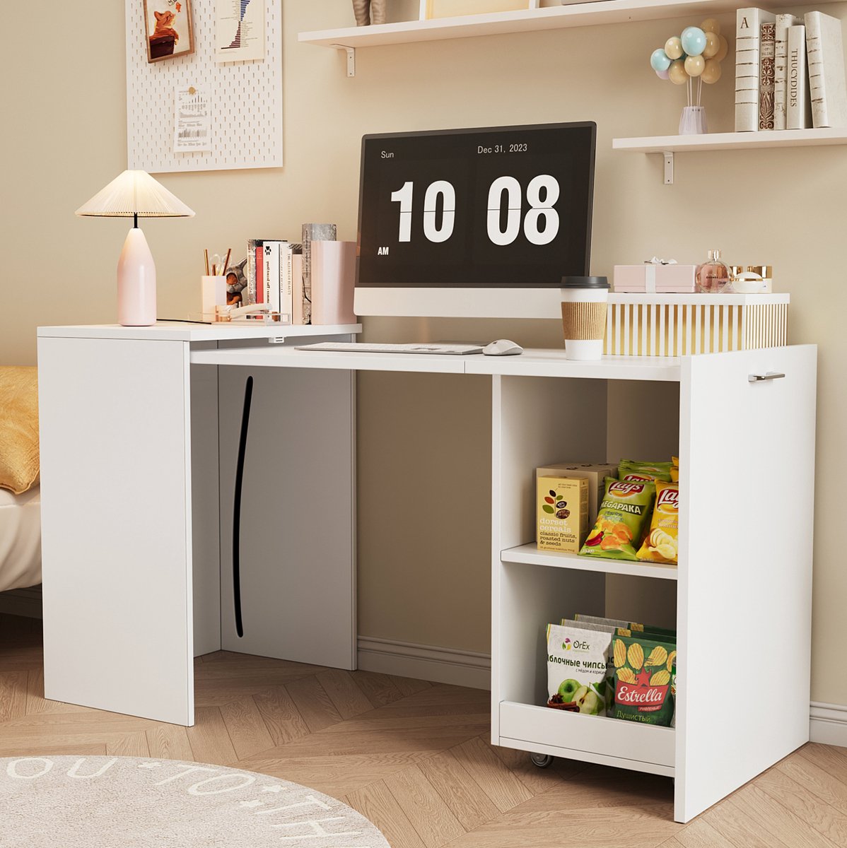 REDOM Bureau - 2-in-1 klapontwerp - Schrijftafel en opbergkast in één - Met 4 open vakken en wielen - Modern - Thuis of kantoor - Spaanplaat - Wit - 126 x 55 x 72,5 cm