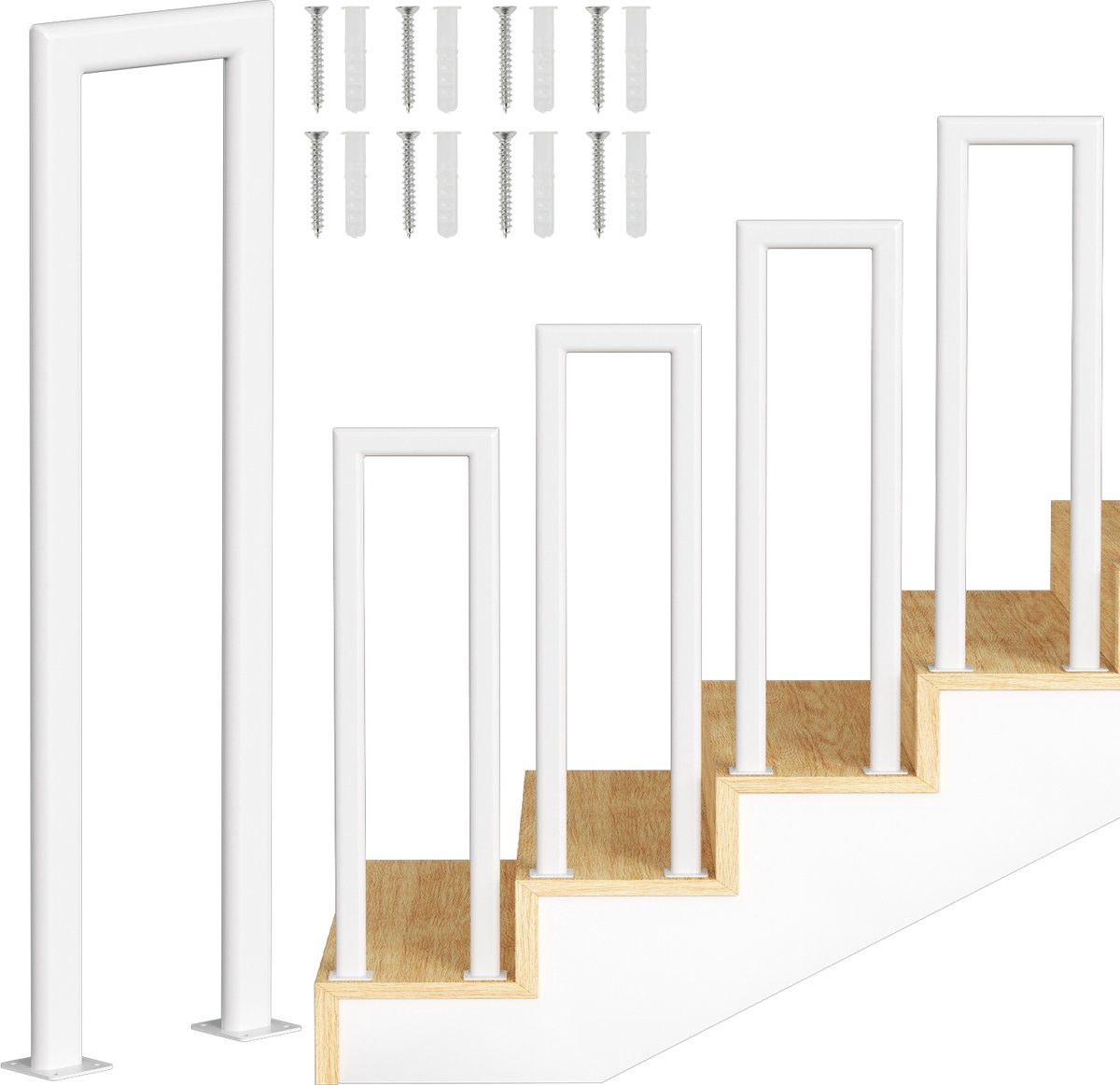U-vormige trapleuning 85 cm wit – ijzeren handgreep met ovale buis, montage op trede, voor binnen en buiten, incl. afdekkappen