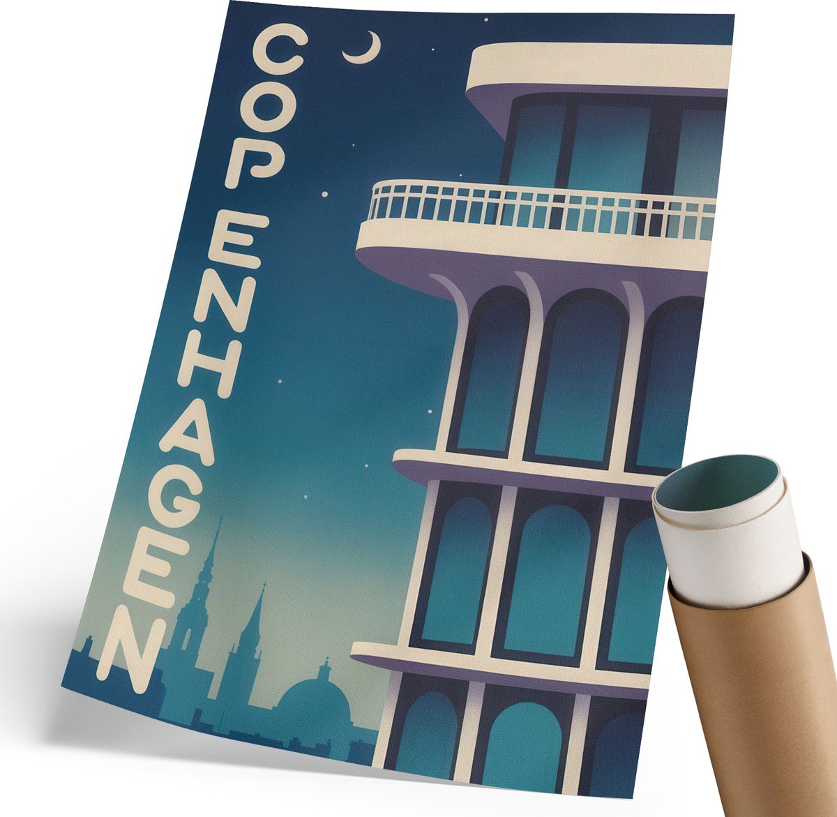 Coloray Polycanvas Wandposter - Kopenhagen 'S Nachts, Poster - 210 x 297 mm - Blauw Patroon - Rechthoek - Canvasposter - Woonkamer, Slaapkamer, Kantoor - Modern