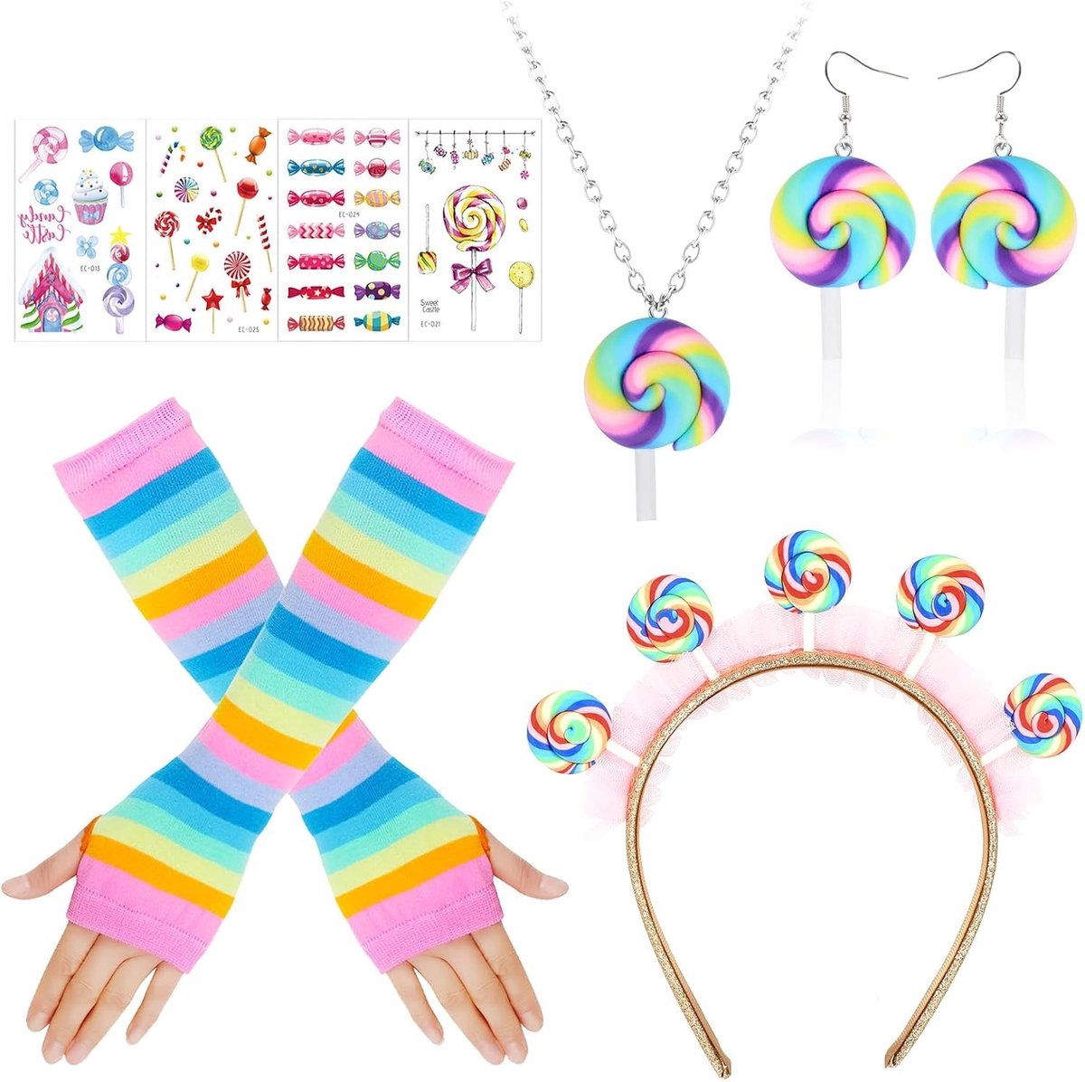 Lollipop Kostuum met Haarband, Vingerloze Handschoenen, Oorbellen, Ketting en Tattoos voor Halloween en Carnaval