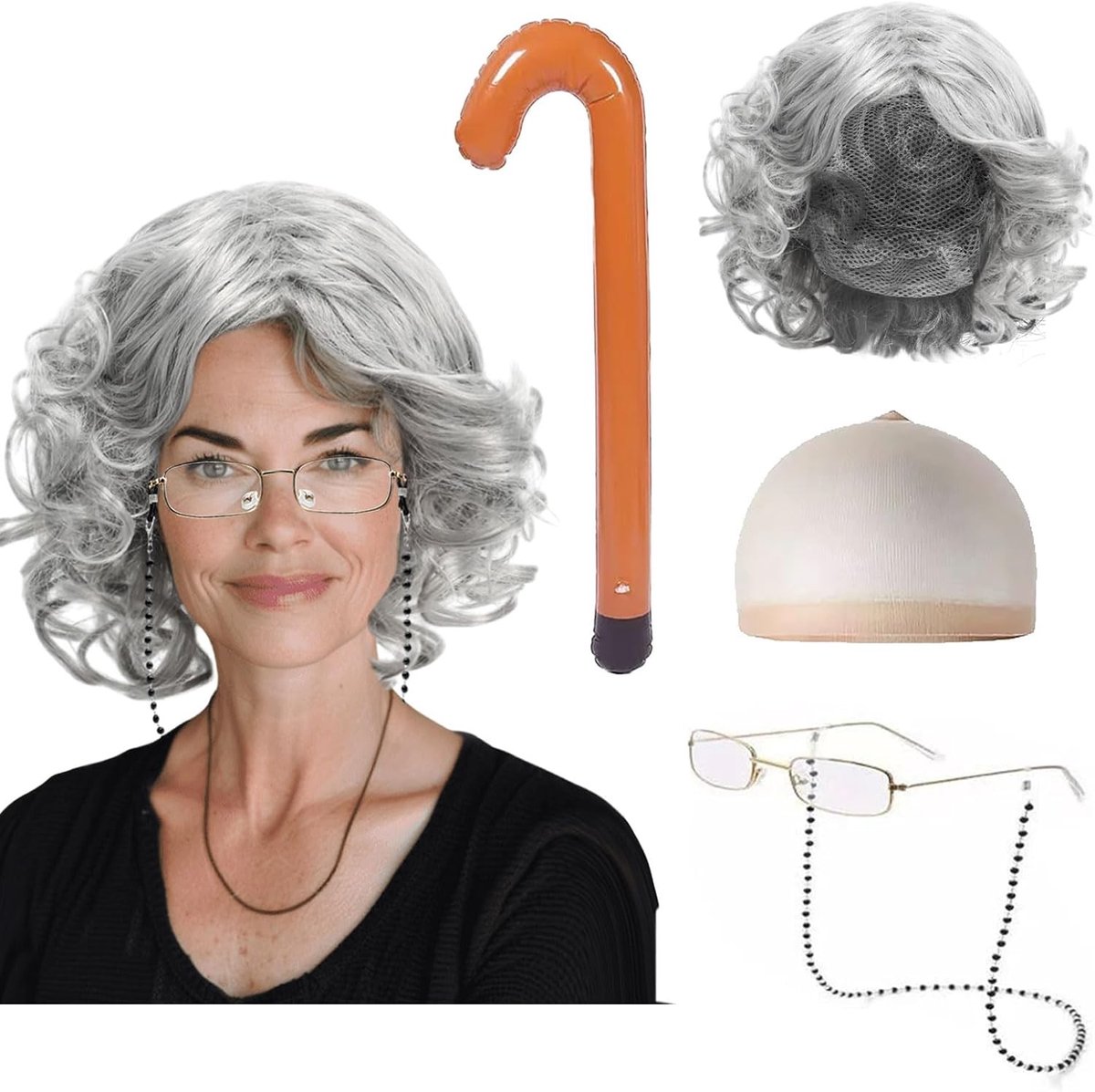 Grijze Oma Kostuum Schort met Perkamenten Haar, Bril en Ketting - Perfect voor Halloween, Wereld Boek Dag en Carnaval