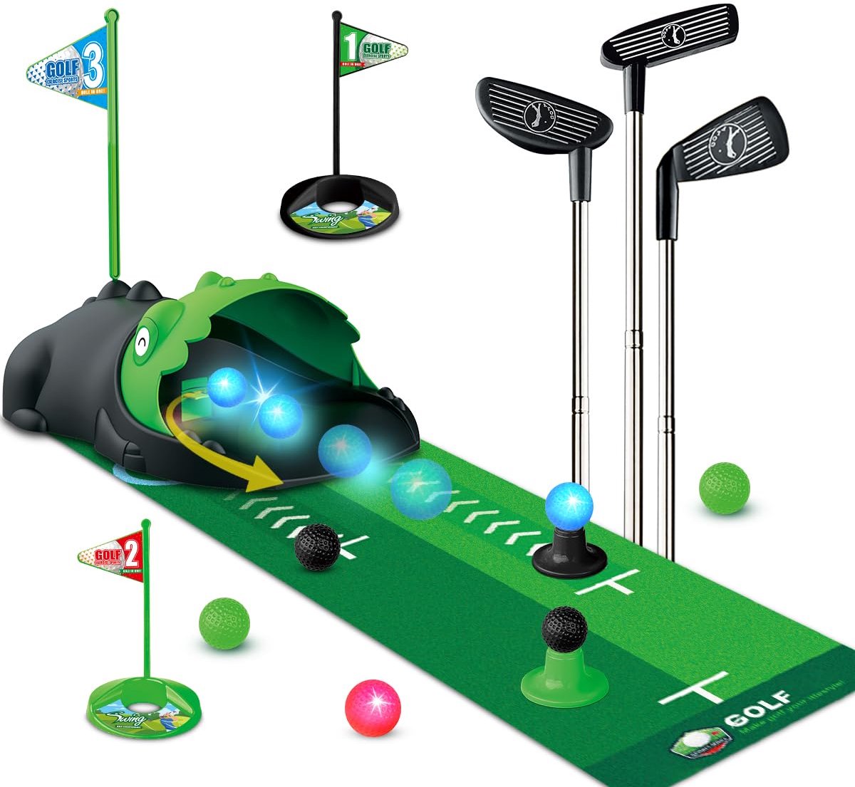 Kinder Golfset 16-delig – Met 3 Verstelbare Golfclubs, LED Ballen en Automatische Balretour – 2-7 Jaar