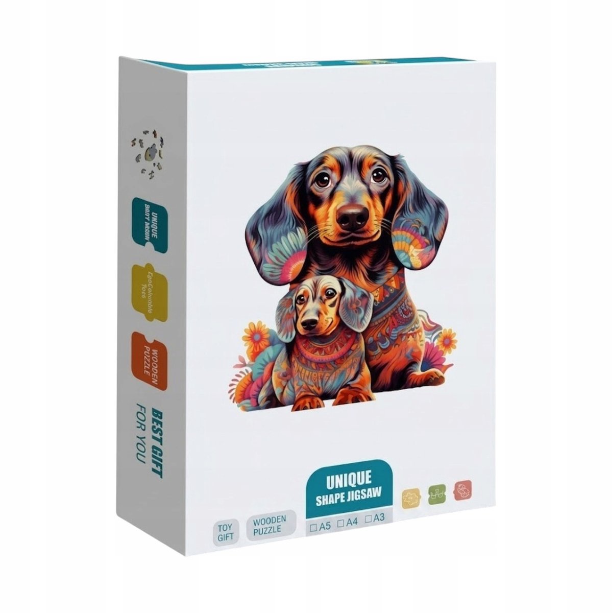 Houten puzzel Teckel Moeder & Puppy, 135 stukjes, A4 formaat