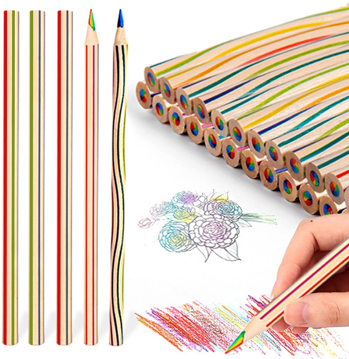 Set van 4 Regenboogkleurige Kleurpotloden - 4-in-1 Kleurpotloden voor Kinderen en Volwassenen - Veelkleurige Kleurpotloden - Voorgeslepen - Voor Tekenen, Kleuren en Feestzakjes