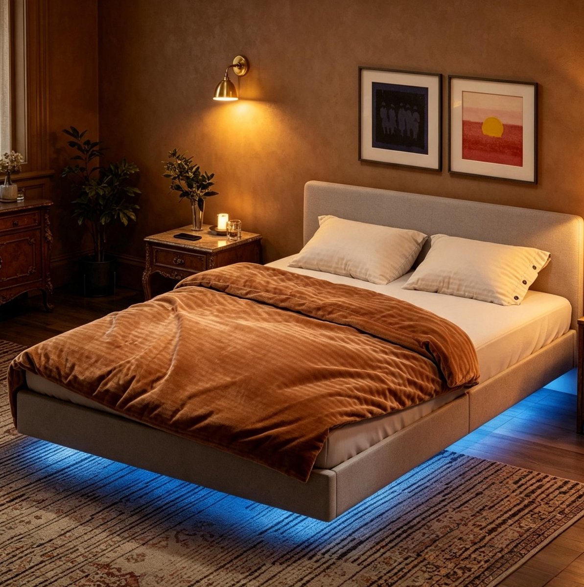 DESMIU Bedframe 140x190 cm Zonder Matras – LED Verlichting Met App En Afstandsbediening – Lattenbodem En Metalen Poten – Tweepersoons – Beige