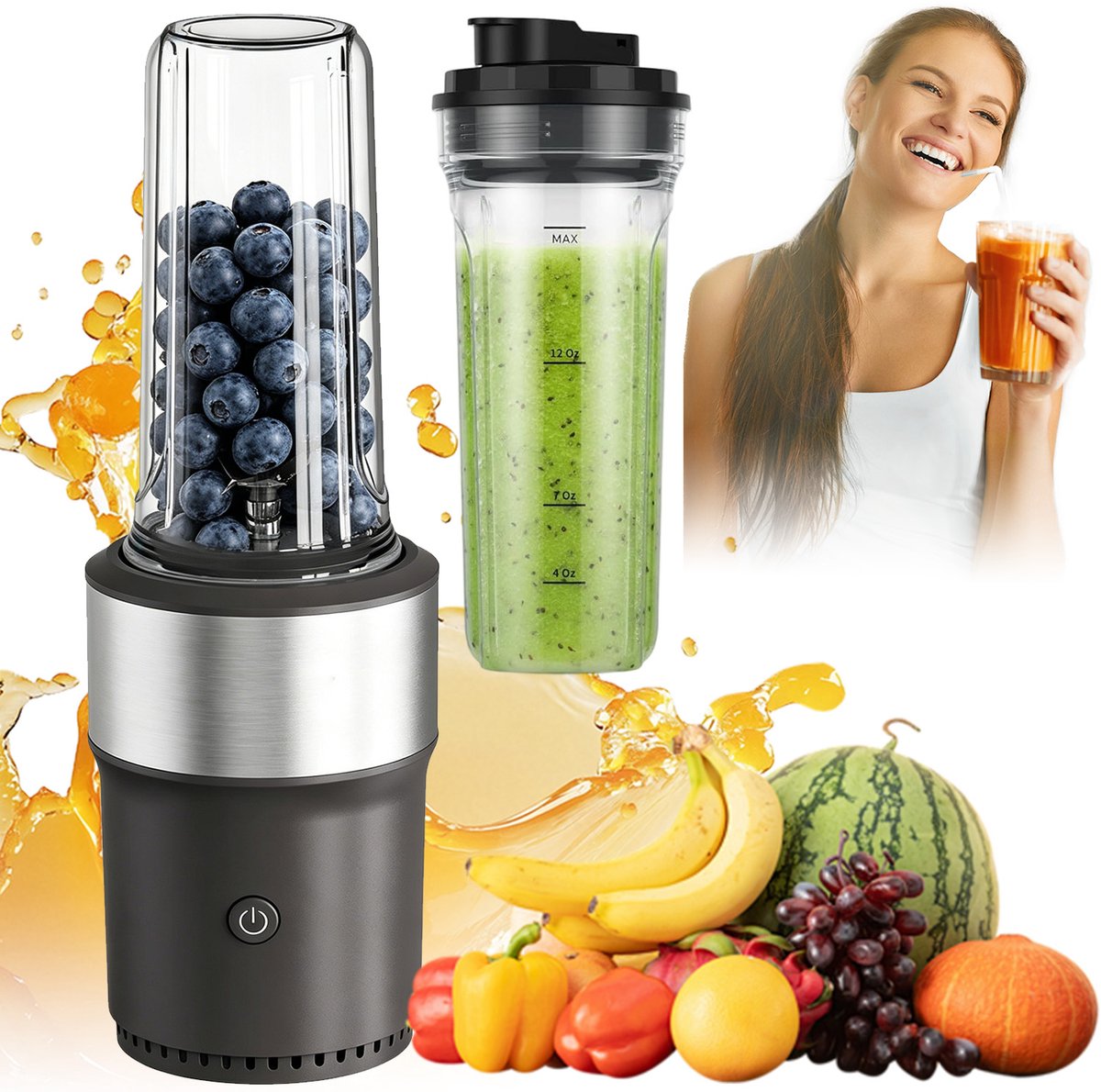 Draagbare Blender - Oplaadbare Mini Blender - Smoothie Maker - Draadloos Blender to go - 2x650ml Bekers - 6 RVS Messen - BPA-vrij - 25000 RPM - Lichtgewicht - met Receptenboekje - Portable Blender - Voor Smoothies & Sappen