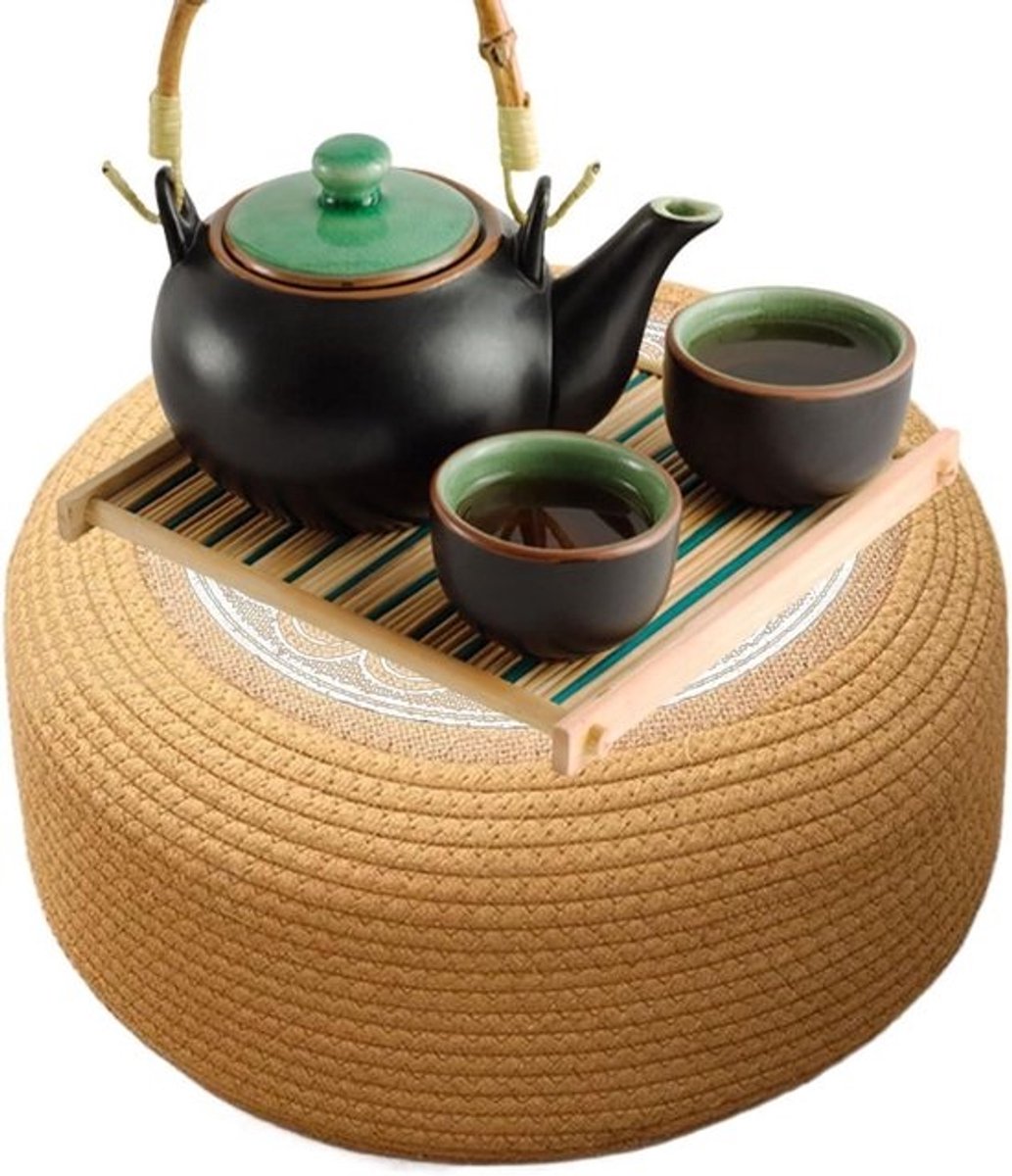 Ottomaanse Poef Buiten - Ronde Zitpoef - Terras Ontspanning - Handgeweven Rotan Design - 40 cm Diameter - Wit