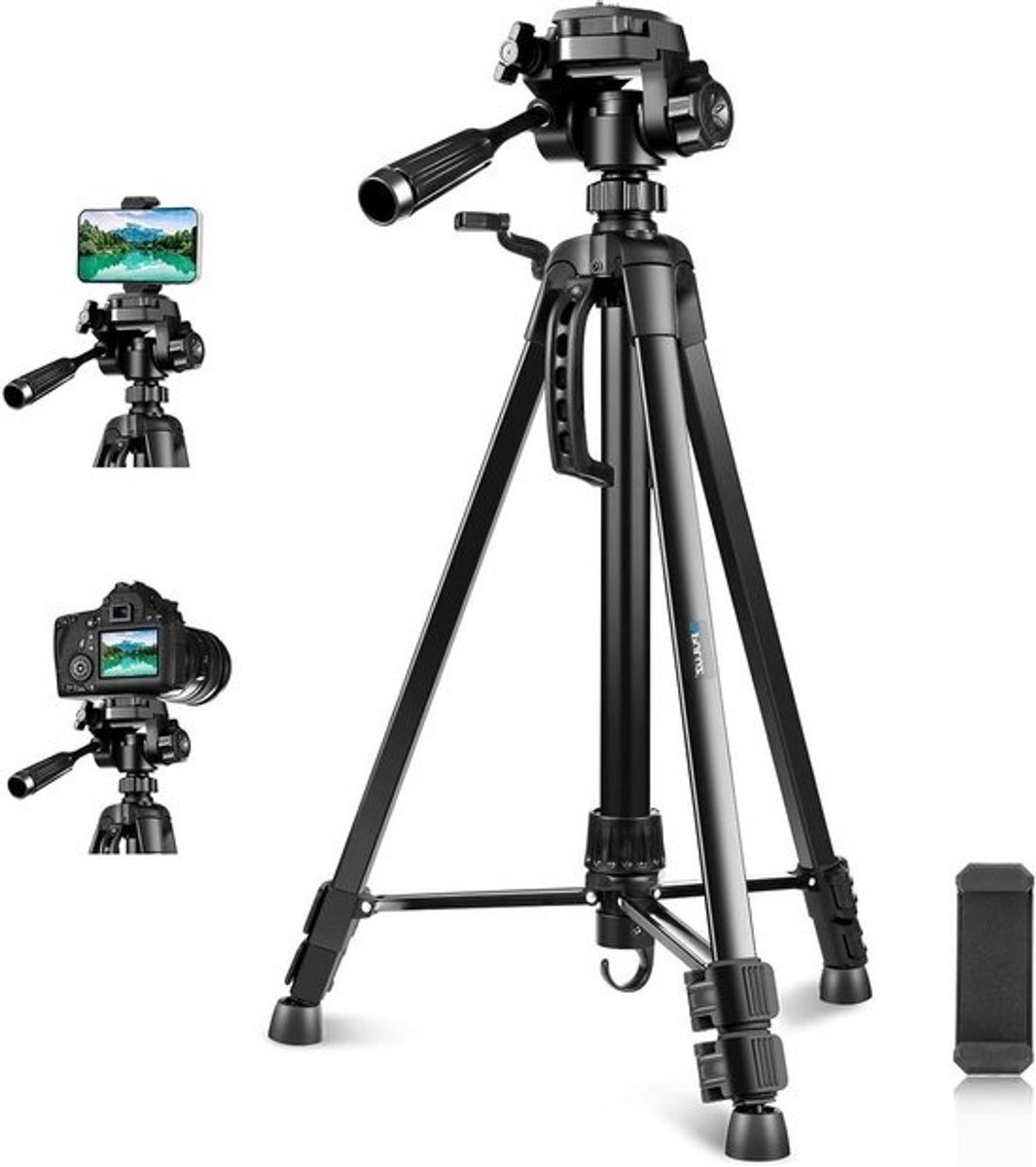 Camera Statief - Reisstatief Selfie Statief - Fotografie en Video - Lichtgewicht Aluminium Legering - 139 cm - Zwart