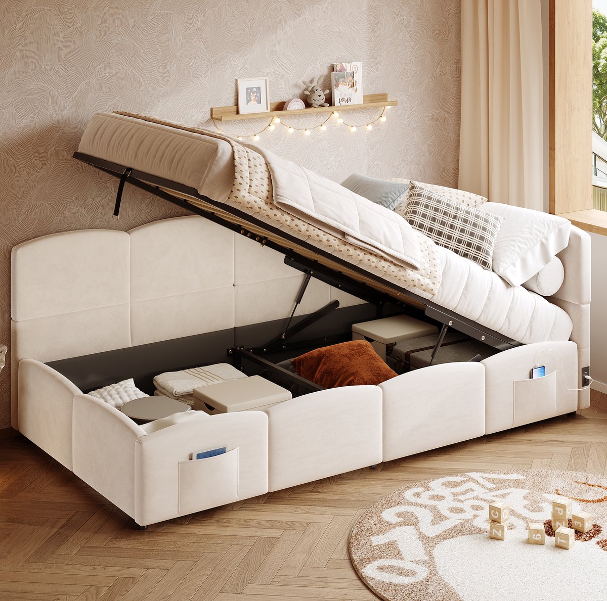 REDOM - Bedbank met opbergruimte - Gasveeropening - Lattenbodem - USB-A en USB-C - Velours - Slaapkamer - Stof - Beige - 90 x 200 cm