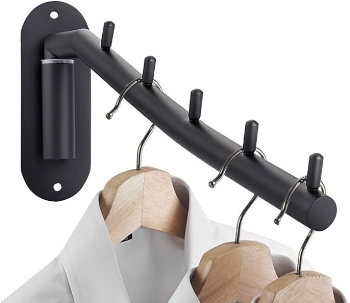 PolkaHome Wandmontage Kledinghanger met 5 Haken - Draaibare Zwarte Mantelhaak voor Badkamer, Wasruimte en Slaapkamer