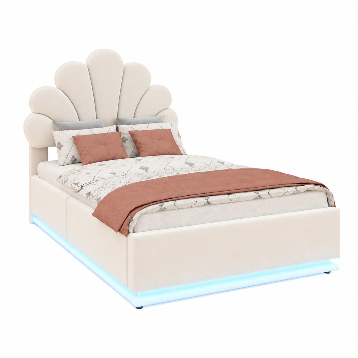 WUVRIE Gestoffeerd bed 90x200 cm met bloemenhoofdbord, opbergruimte en LED, beige