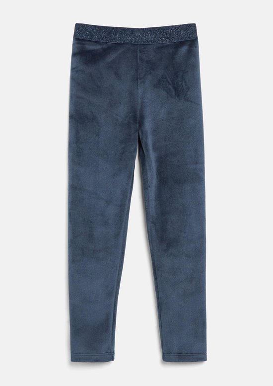 Donkerblauwe velours legging met glinsterende tailleband, voorkant.