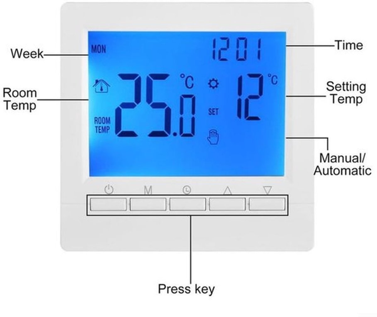 Twee programmeerbare digitale kamerthermostaten voor elektrische vloerverwarming met antivries- en geheugenfunctie (batterijen niet inbegrepen).