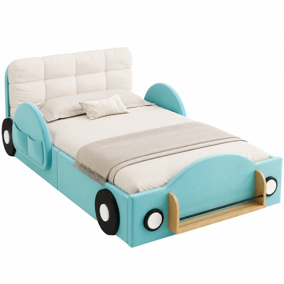 WUVRIE Blauw 90x200 cm kinderbed met hydraulische opbergruimte, zijvakken en boekenplank