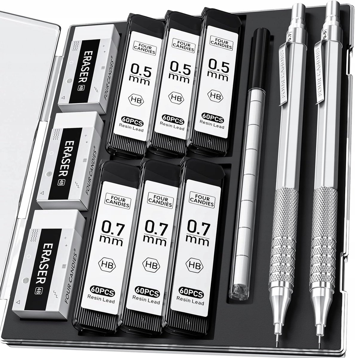 Set van 2 Metalen Potloden 0.5/0.7mm met 360 Vullingen & Etui