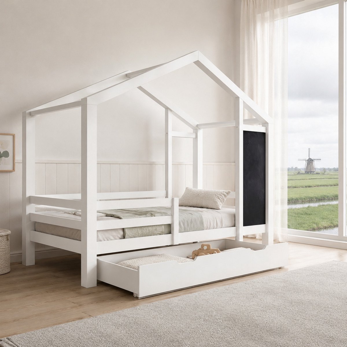 WUVRIE Kinderbed huisbed 90x200 cm met krijtbord, 2 lades, lattenbodem en uitvalbeveiliging, wit