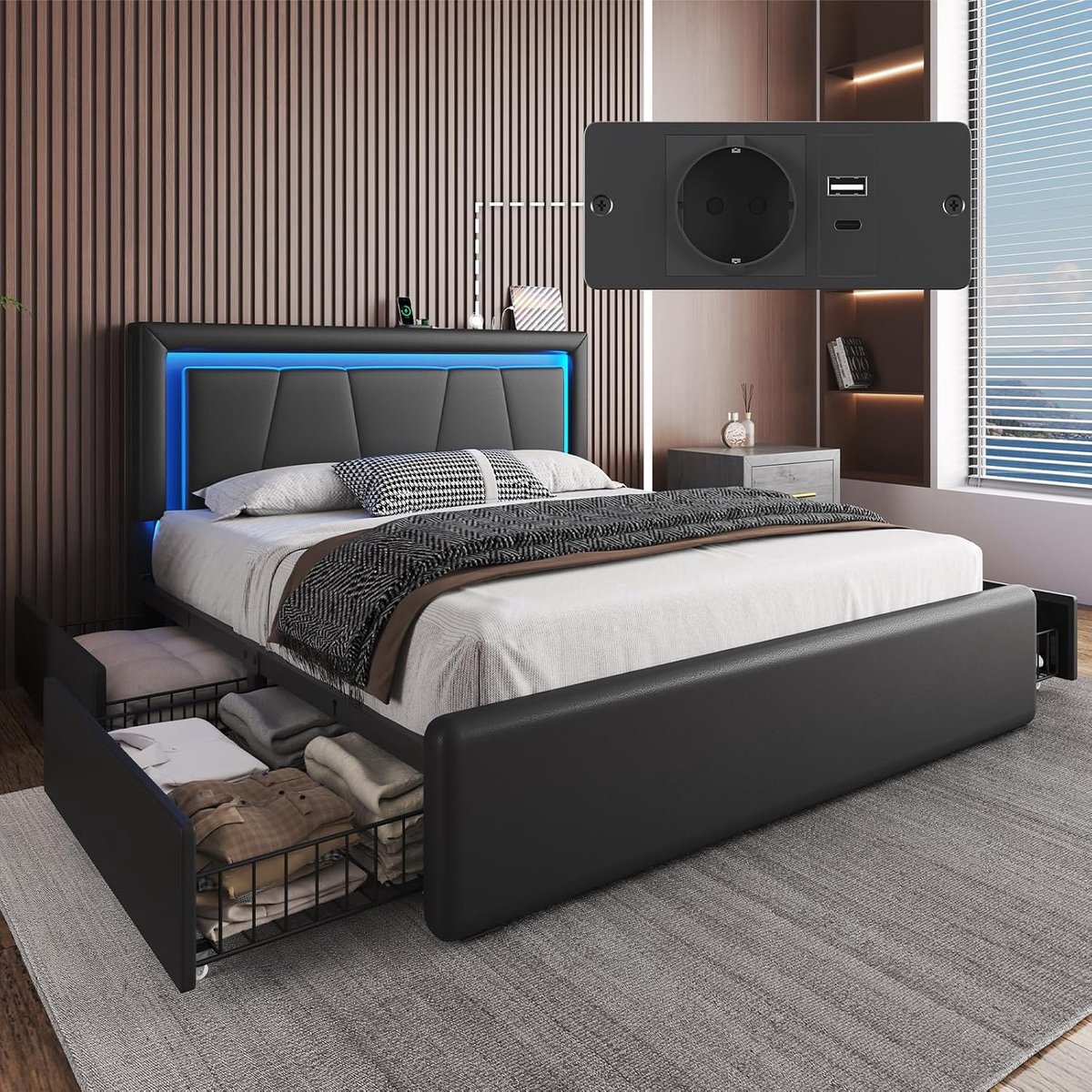 Bedframe 140x200 cm - Moderne ledikant met LED-verlichting, 4 laden en opladstation | Industrohome