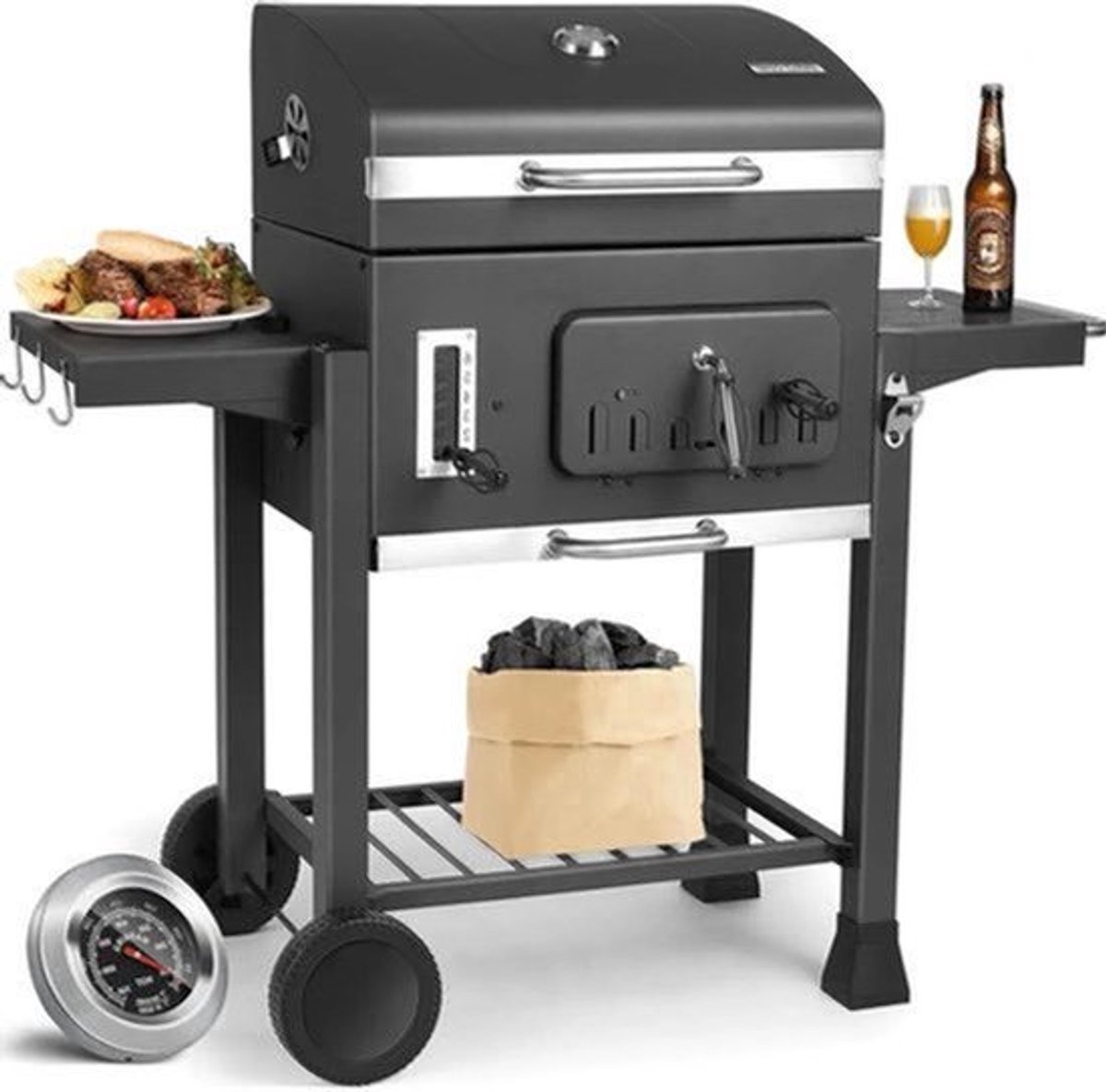 BBQ - BBQ Houtskool - Barbecue - Smoker - met Deksel, Verstelbaar Rooster en Geïntegreerde Thermometer – Draagbare Buitenbarbecue – Zwart