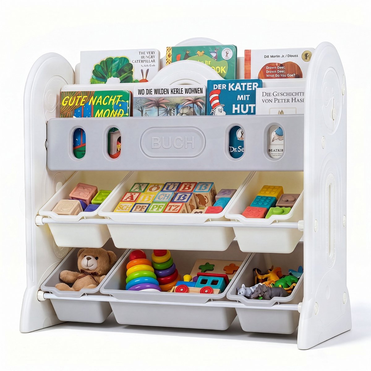 COSTWAY Montessori Speelgoedrek met 4 niveaus, kinderboekenkast