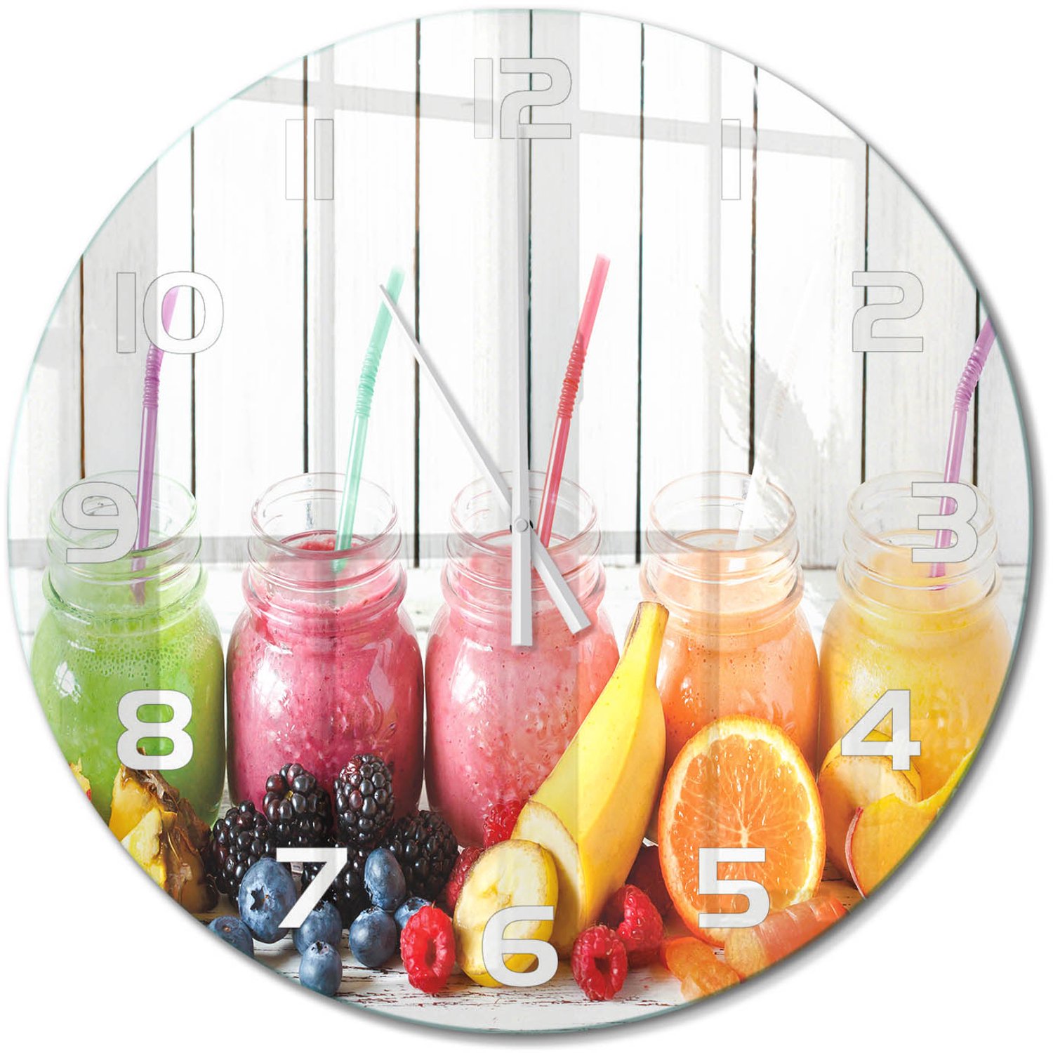 TULUP Wandklok - Fruitcocktails Glazen Wandklok Design - fi60 cm - Veelkleurig Klok Glas Met Opdruk - Witte handen - Ronde Klok - Wandklok Glas Met Motief - Decoratieve Glazen Klok